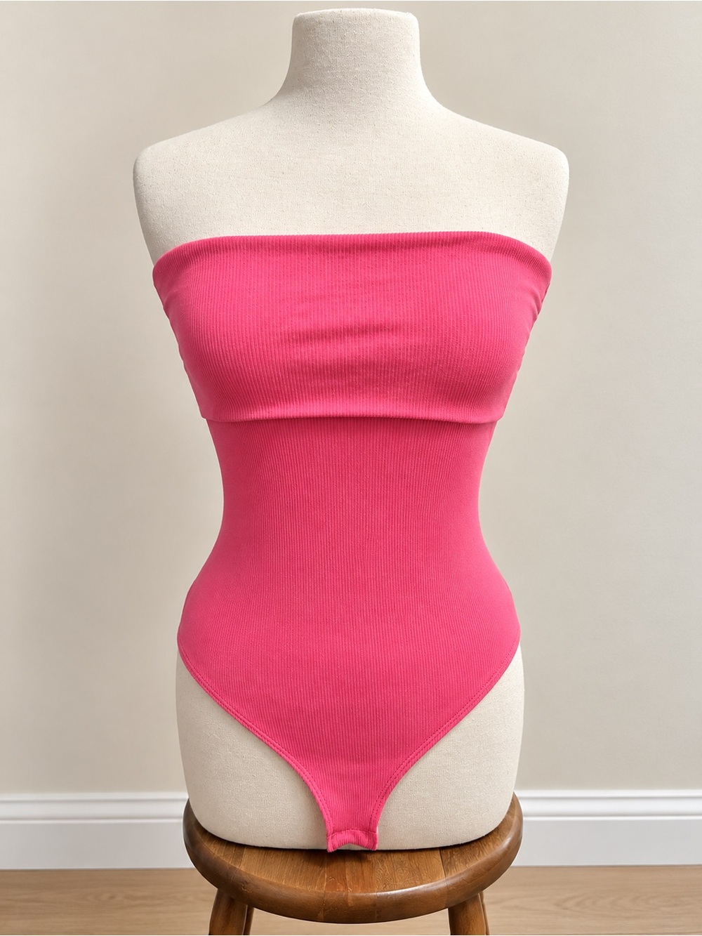 Strapless Ribbed Bodysuit — Hot Pink